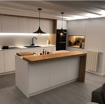 Modern White Kitchen Island with Wooden Breakfast Bar