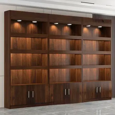 Large Walnut Wall Bookcase with Integrated Lighting