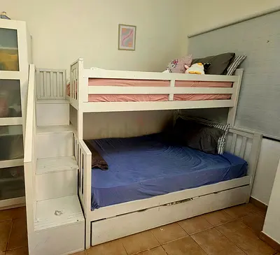 White Wooden Bunk Bed with Stairs and Trundle - Good Condition