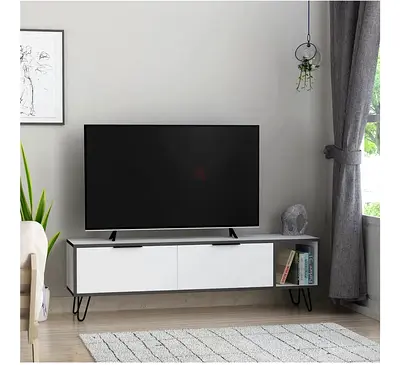 Modern Low TV Stand with Storage - White  Grey, Hairpin Legs