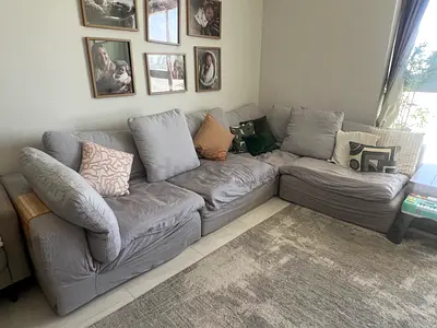 Marina Home- duck feather Comfortable L-shaped Grey Fabric Sofa (3-seater + Corner) - Good Condition