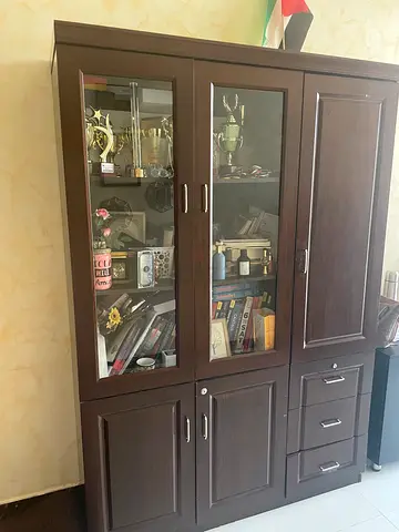 Dark Wood Display Cabinet with Glass Doors and Drawers - Good Condition