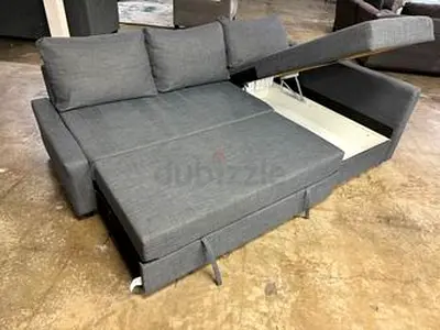Grey Fabric L-Shaped Sofa Bed with Storage - Good Condition
