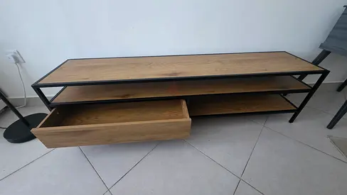 PAN - Low Wooden TV Unit with Metal Frame and Drawer