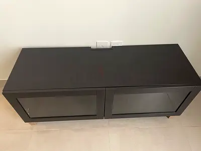Low Black TV Cabinet with Glass Doors - Good Condition