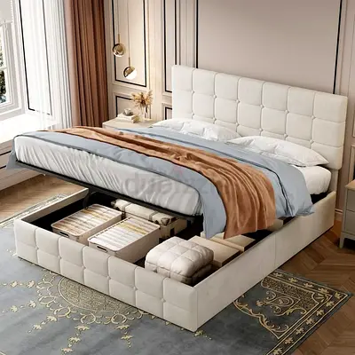 Queen Upholstered Storage Bed with Lift-Up Base - Light Beige