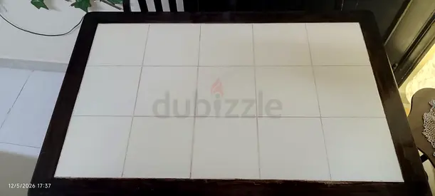 Wooden Dining Table with White Tiled Top and 4 chairs — Very Good Condition