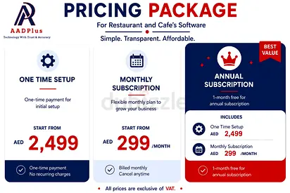 AADPlus Restaurant  Cafe Software Pricing Package Banner (AED 2,499 setup)