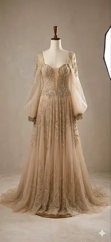 Embroidered Champagne Tulle Evening Gown with Sheer Bishop Sleeves