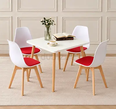 Compact 4-Seater Dining Table with Red-Seat Chairs