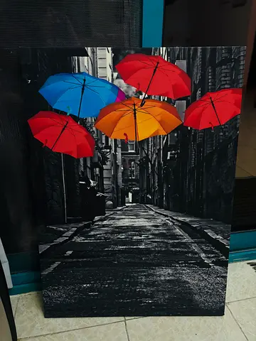 Canvas Wall Art - Black  White Alley with Colorful Umbrellas