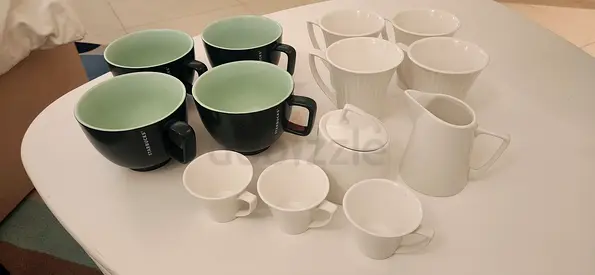 Mixed set of Starbucks ceramic coffee  tea cups with milk jug and sugar pot - used