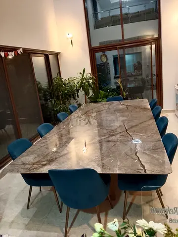 Large stone Dining Table with 10 Blue Velvet Chairs - Excellent Condition