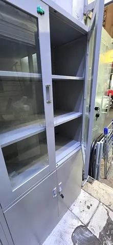 Gray Metal Storage Cabinet with Glass Doors - Good Condition