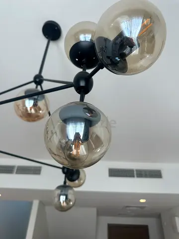 Modern Black Multi-Arm Chandelier with Glass Globes - One globe missing (replacement at dragonmart)