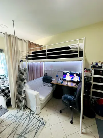 White Metal Loft Bed frame - 140x200 queen size, mattress not included