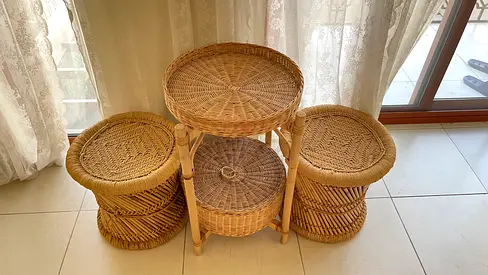 rattan stools and bedside table from Ikea