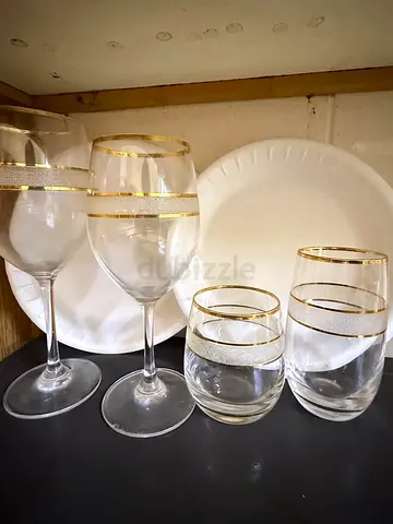 Set of each 6 same styles Glasses and Decorative Plates with Gold Trim - Used