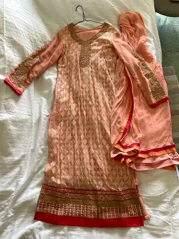 1. Peach 2. Beige Embroidered Traditional Womens Salwar Kameez with Dupatta - Good Condition