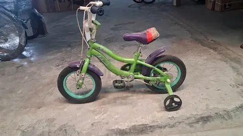 Green kids bicycle with training wheels, 12-inch