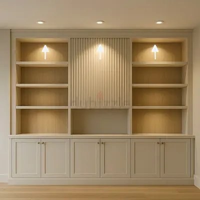 Custom Built-in Wooden Bookcase with Cabinets and Display Shelves