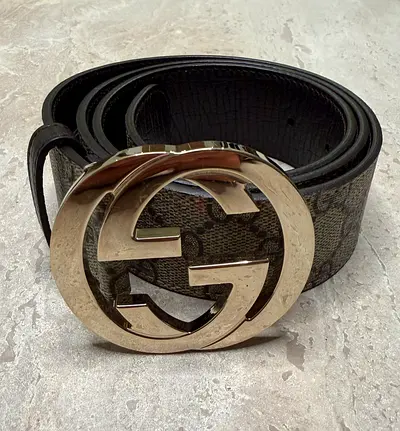 Pre-owned Gucci GG Monogram Leather Belt with Rose Gold Double G Buckle