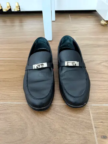 Hermes Black Destin Leather Loafers with Iconic Silver Kelly Buckle 39