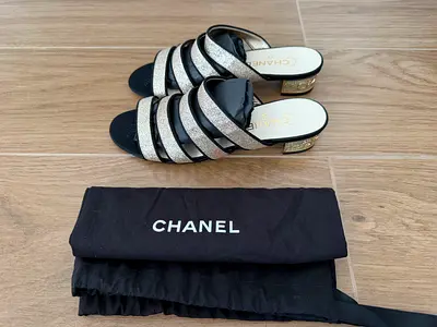 Chanel black and gold low heel slide sandals with glitter straps, size 39