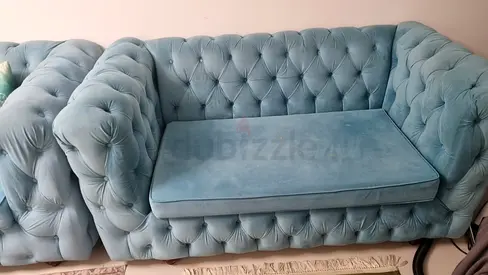Light Blue Velvet Chesterfield 5 - Seater Sofa - Good Condition