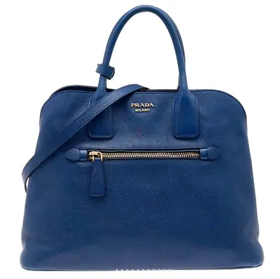 Prada Blue Saffiano Leather Top-Handle Bag with Crossbody Strap
