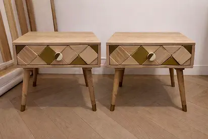 Pair of wooden bedside tables with geometric inlay - light oak finish
