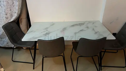 Modern Marble-Top Dining Table with 4 Grey Chairs