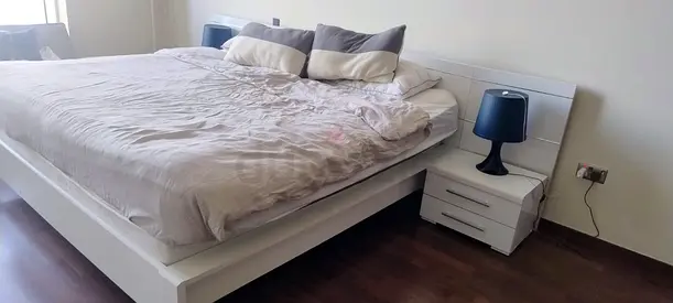 White Queen Bed Frame with Headboard and 2 Matching Nightstands included a drawer and 2 wardrop