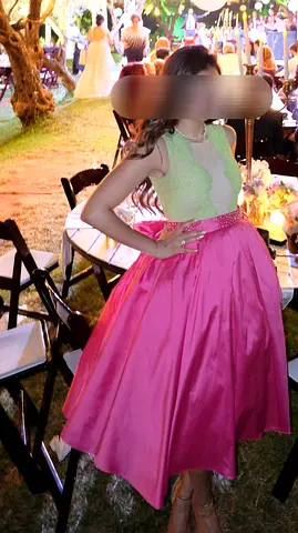 Stunning Evening Dress – Lime Green  Fuchsia Pink