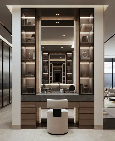 Modern Built-in Vanity with Illuminated Display Shelves