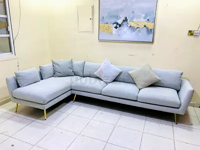 Light Grey L-Shaped Sectional Sofa with Gold Legs - 4-Seater