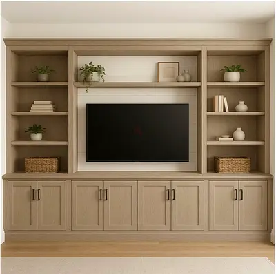 Large Built-in Entertainment Center / Wall Unit - Light Wood Finish