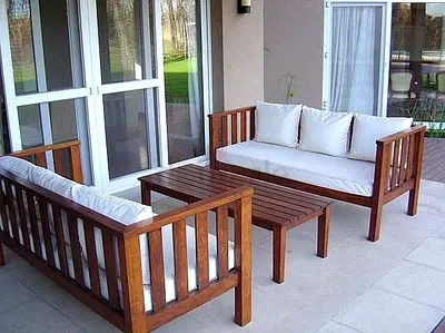 Solid Wood Outdoor Sofa Set with Cushions - 3pcs + Coffee Tables