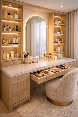 Wooden Vanity Dressing Table with Marble Top and Built-in Shelves