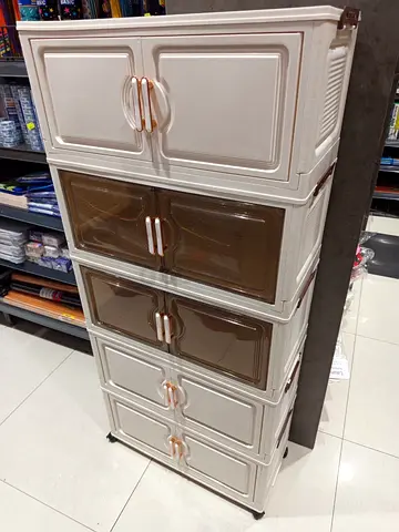 5-Layer Plastic Storage Cabinet with Transparent Doors and Wheels – Multipurpose Wardrobe Organizer