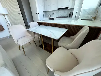 Modern Marble-Top Dining Table with 4 Velvet Chairs — Light Beige