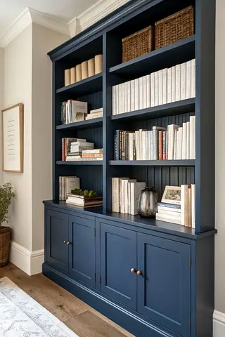 Solid Blue Built-in Style Bookcase / Cabinet - Good Condition