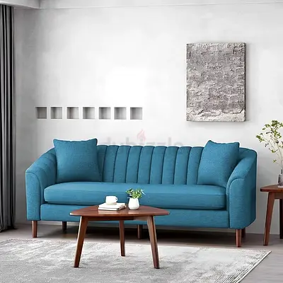Sleek line back blue linen 3 seater sofa