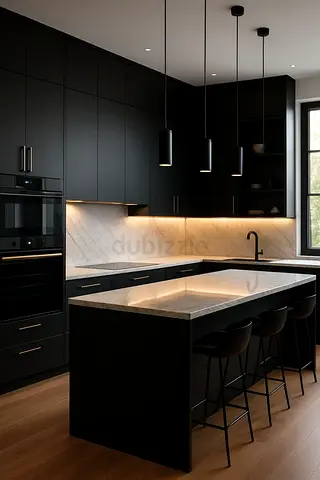 Modern matte black kitchen with island and bar stools - complete cabinetry set