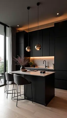 Modern Matte Black Kitchen Island with Pendant Lighting and Bar Stools