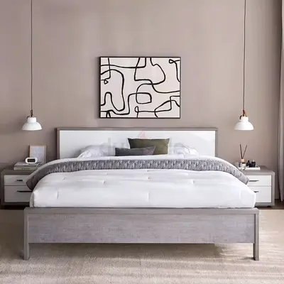 Modern King Size Bed - White/Light Grey with Gel Visco Memory Foam Mattress and One Side Table