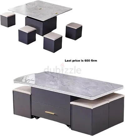 3 in 1 Convertible Marble-Top Coffee Table with 6 Ottoman Seats - Grey