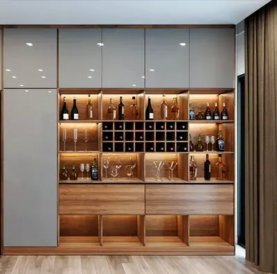 Built-in Wooden Wine Cabinet with Display Shelves and Storage