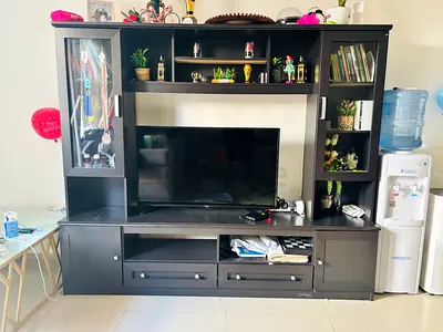 Dark Wood Entertainment Center / TV Unit with Shelves and Cabinets