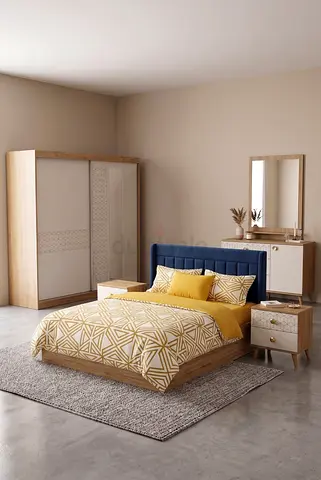 Modern bedroom set with bed, wardrobe, dresser and nightstand